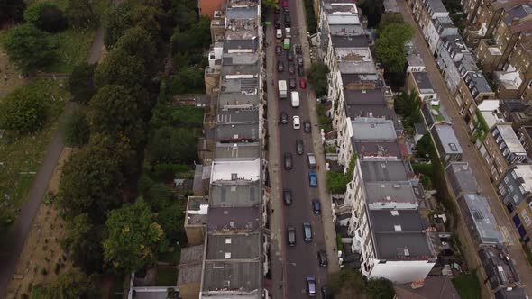 A Drone View of a Small Street Near Brompton Cemetery in Kensington London