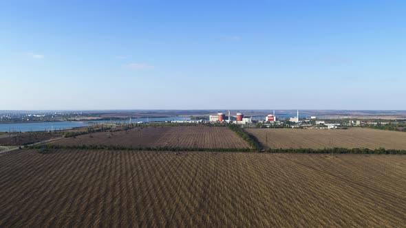 Modern Large Nuclear Power Plant Aerial Panorama View