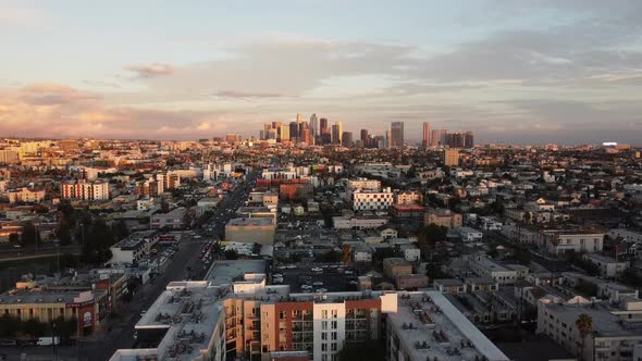 Los Angeles LA over Koreatown Olympic Street with Downtown View at Sunset Time