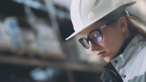 Attractive Female Warehouse Employee with Glasses and Hard Hat