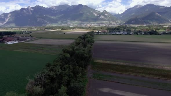 Flight over trees and field in cloudy day alt