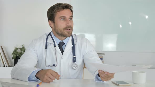 Doctor Sharing Medical Report with Patient, Giving Documents alt