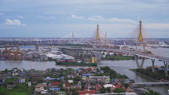 Aerial view of Bhumibol Bridge and Chao Phraya River in structure of suspension alt