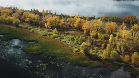 Aerial view of the islands on the Volga river in autumn.