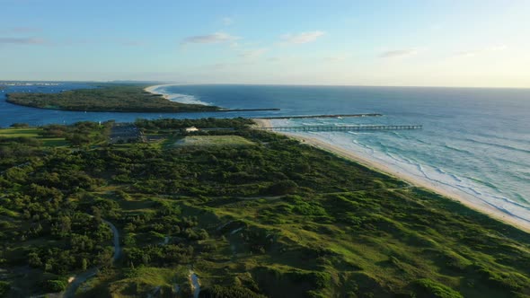 Flying over the Gold Coast spit at sunrise, views of South Stradbroke and golden beaches alt