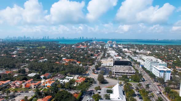 Miami Beach Streets Aerial View with Downtown Miami on the Backgroud alt