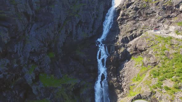 Aerial View of Stigfossen Waterfall on Trollstigen Road, Norway alt