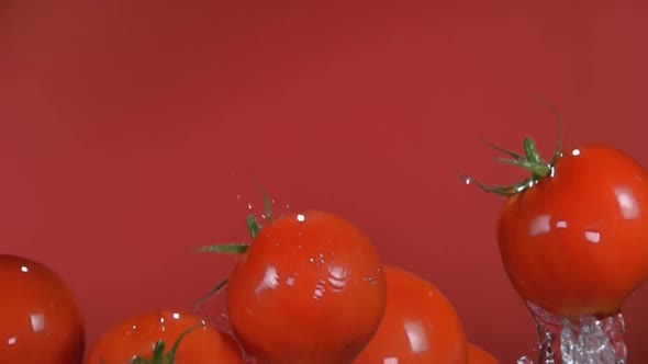 Delicious Red Juicy Cherry Tomatoes are Flying Up on the Red Background alt