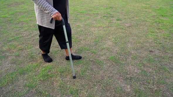 slow-moiton of senior woman legs walking with walking stick in the grass field alt