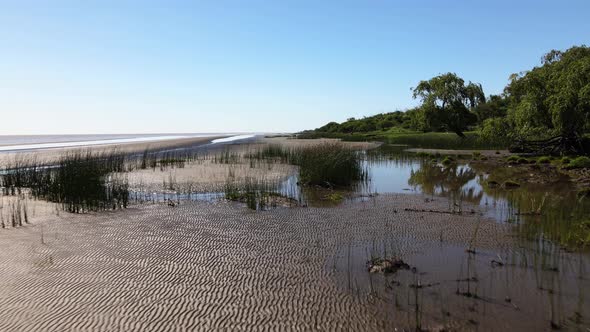 Low forward aerial of swamps and sand banks at Rio de la plata shore alt