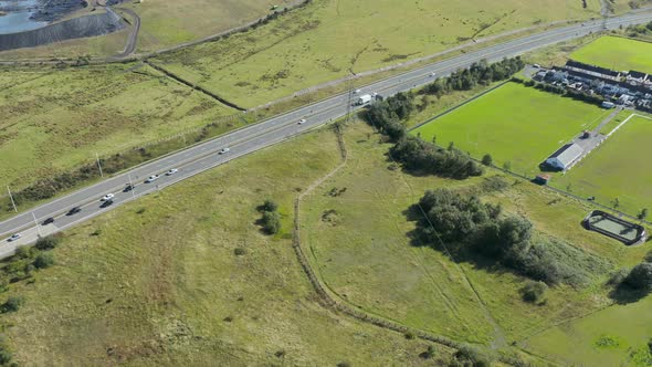 Aerial view of traffic approaching a roundabout