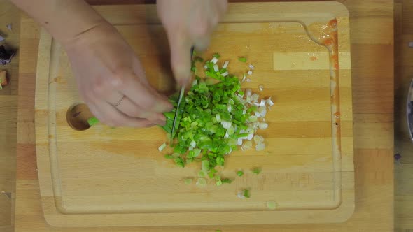 Woman Chopping Purple Onion, Lettuce, Parsley at Wooden Kitchen Table alt