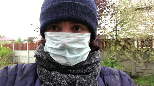 Woman in Medical Mask, Self Protection Isolation, Looking at Camera, Making Selfie