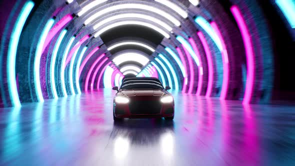 A Modern Sports Car Drives Quickly Through an Abstract Tunnel of Ultraviolet Light