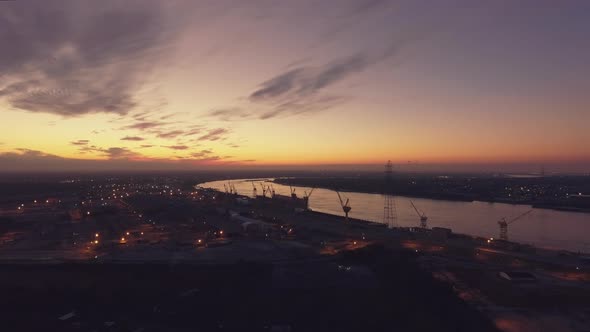 Aerial Mississippi River Marine Shipyard Sunset
