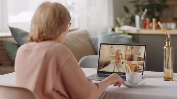 Elderly Woman Chatting with Female Friend on Video Call alt