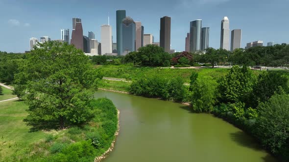 Buffalo Bayou River. Aerial with downtown Houston Texas skyline cityscape and skyscrapers. alt