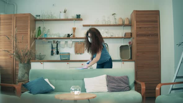 One Woman Cleans House with Sanitizer During Quarantine. alt