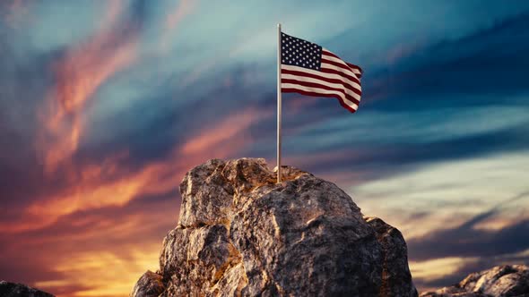 Waving American Flag On Rocky Landscape