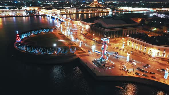 Aerial View of Old Saint Petersburg Stock Exchange and Rostral Columns, St Petersburg, Russia