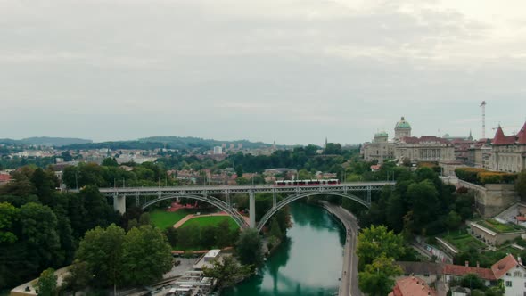 Establishing Aerial Panorama of Bern Old Town Landmarks Switzerland Europe
