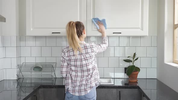 Woman Cleaning Kitchen with Spray Detergent and Dish Cloth Concept for Hygiene