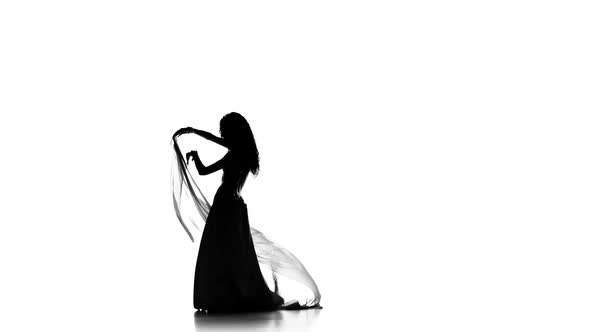 Pretty Young Woman Dancing Belly Dance with Shawl, Sihouette, on White alt