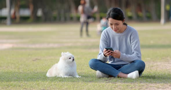 Woman play with her dog and sitting at the green lawn with using cellphone alt