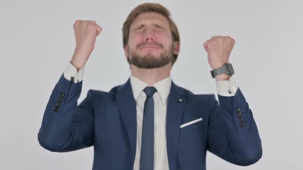 Disappointed Young Businessman Reacting Loss on White Background alt