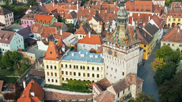 Aerial drone view of the Historic Centre of Sighisoara, Romania. Old buildings alt