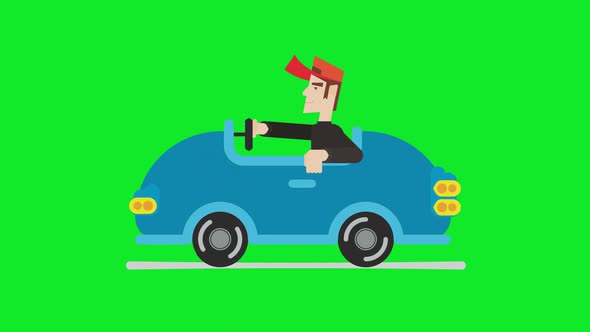 Animation of a cartoon man driving car with green screen background.