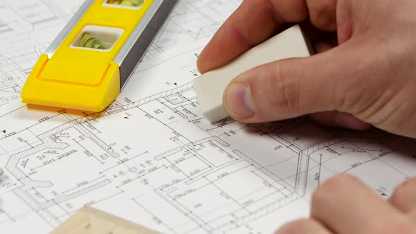 Made Engineer Corrects Errors on the Pencil Drawing. Close Up alt