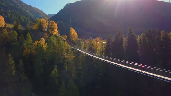Man Walks on Hanging Rope River Bridge in Forest alt