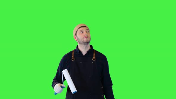 Glad Painter Decorator Look at Renovated Room Interior with Smile Happy Renovation Service Worker on alt