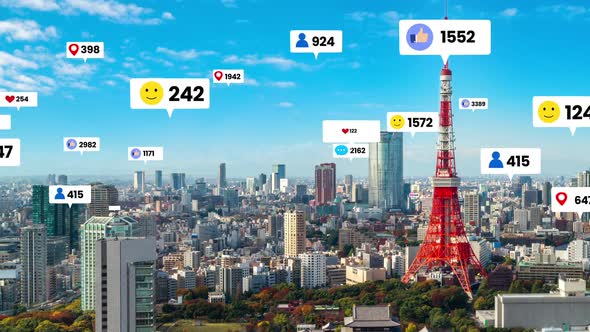 Social Media Icons Fly Over City Downtown Showing People Engagement Connection alt