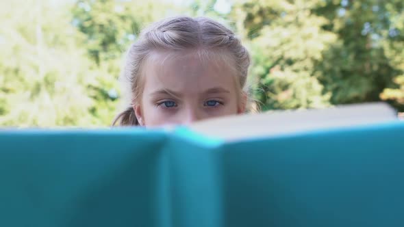 Concentrated Schoolgirl Reading Fairytale Book Studying Subject, Knowledge