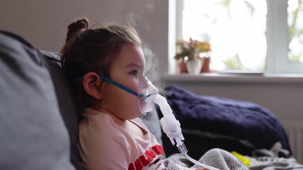 Sick Adorable Preschool Girl With Nebuliser Mask At Home, Stock Footage