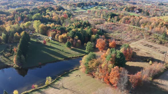 Aerial Drone Shot Flying Over Farm Pond with Fall Colors and Nearby Power Lines