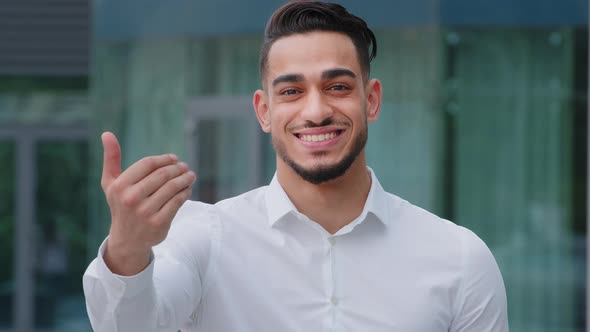 Portrait Friendly Smiling Toothy Hispanic Arab Business Man Spaniard Boss Wears White Formal Shirt alt