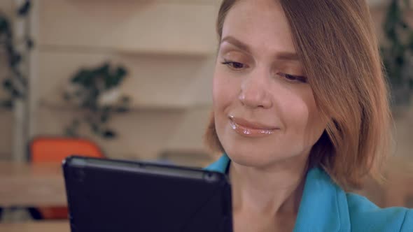 Close Up Face Female with Digital Device