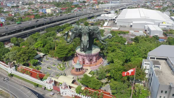 Aerial view of Erawan Museum is a Elephant head sculpture with 3 heads. Tourist attraction alt