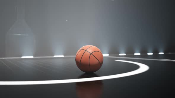 Close-up view at a ball on the basketball court. Nightly scenery. Lighting. 4KHD alt