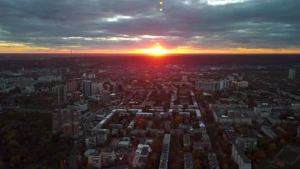 Aerial view at sunset, Kharkiv city center streets