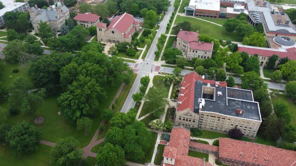 Oberlin College in Oberlin, Ohio. Aerial drone flyover of campus ...