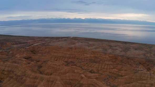 Aerial View of Desert Landscape in Kyrgyzstan at Sunset