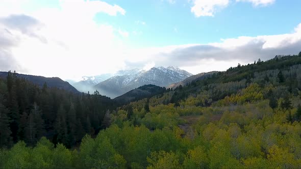 Fall colors, Golden Quaking Aspens, rugged snow capped mountains and fluffy white clouds are part of alt
