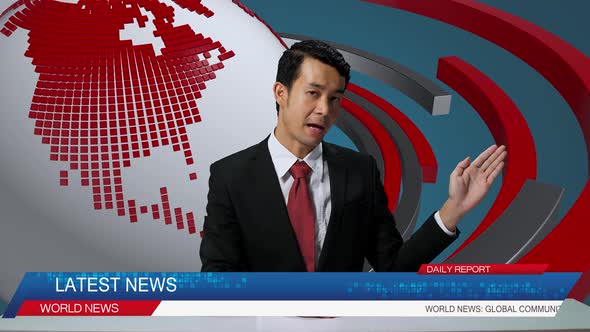 Live News Studio With Asian Professional Male Anchor Reporting On The Events Of The Day alt