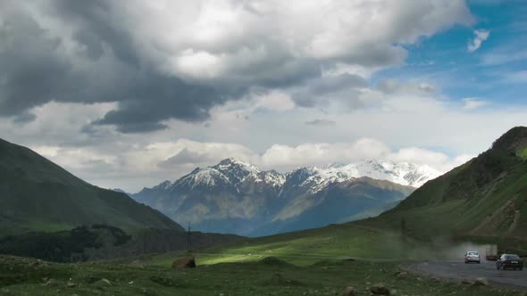 Clouds Moving Over the Georgian Mountains. Cinemagraph. Mount Kazbek. Time Lapse alt
