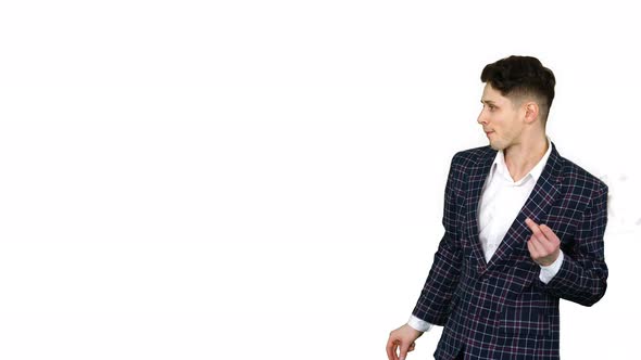 Cool Man in Formal Outfit Walking and Dancing on White Background. alt
