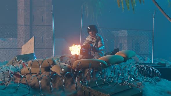 Soldier screaming and shooting minigun. Military guy in a trench. Battle.Attack alt